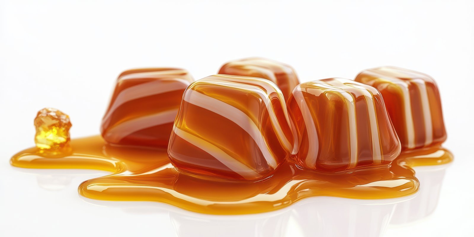 Gourmet caramel cubes melt on a smooth white surface during a dessert preparation session